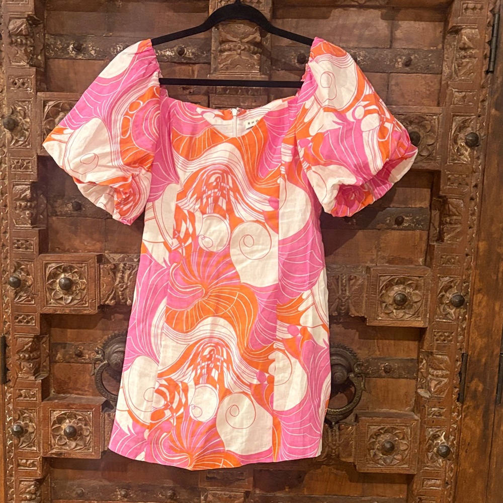 RHODE Pink and Orange Swirl Puff Sleeve Dress-Size 8